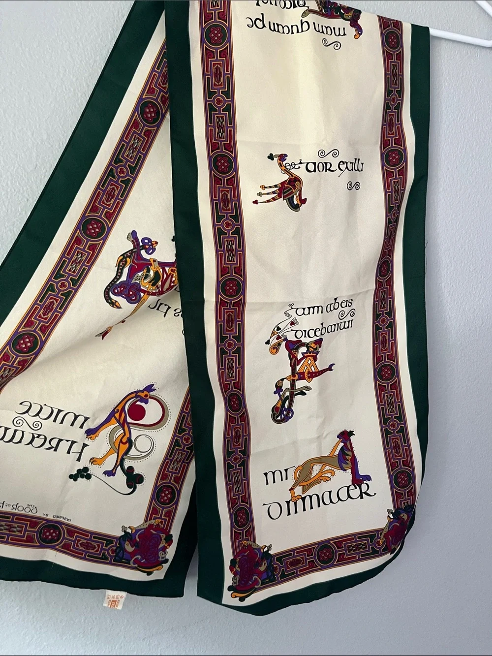 Irish Inspired Cream Scarf with Green Border and Multicolor Celtic Motif